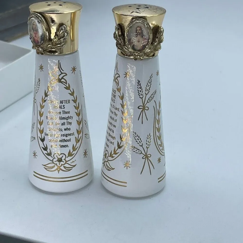 Vintage Jesus & Mary milk glass Grace before & after meals salt & pepper